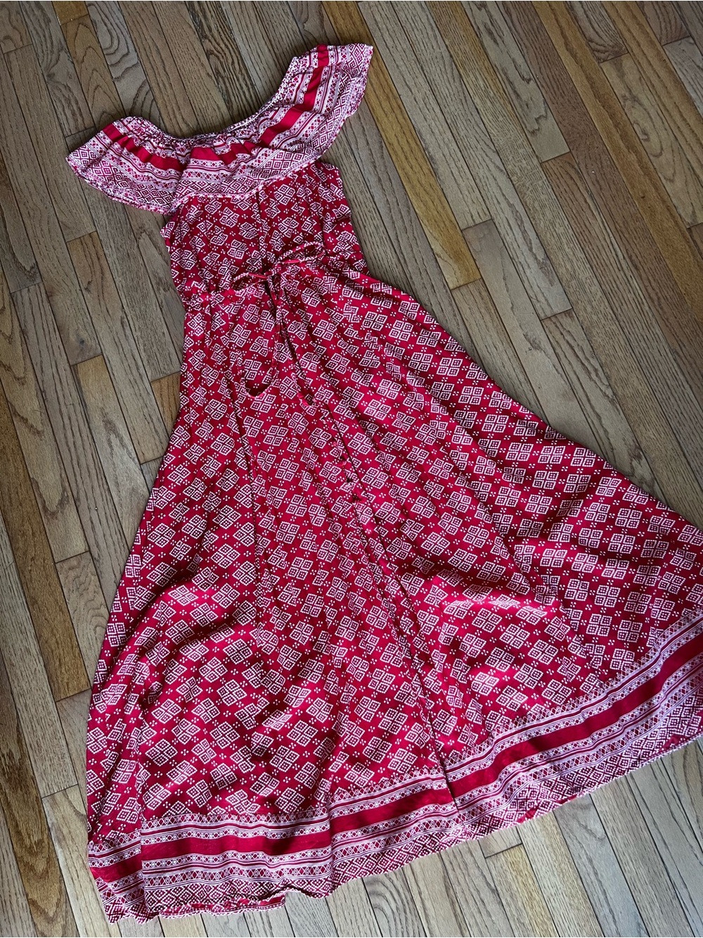 Talisman Red Geometric Off Shoulder Ruffle Boho Maxi Dress Size Small - Picture 7 of 14